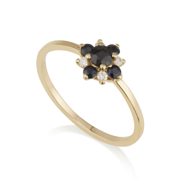 Diamond Flower Ring - Black Corundum & Diamond